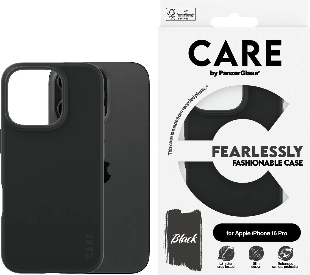 Mbështjellës PanzerGlass CARE Case Fashion iPhone 16 Pro, silikon, i zi