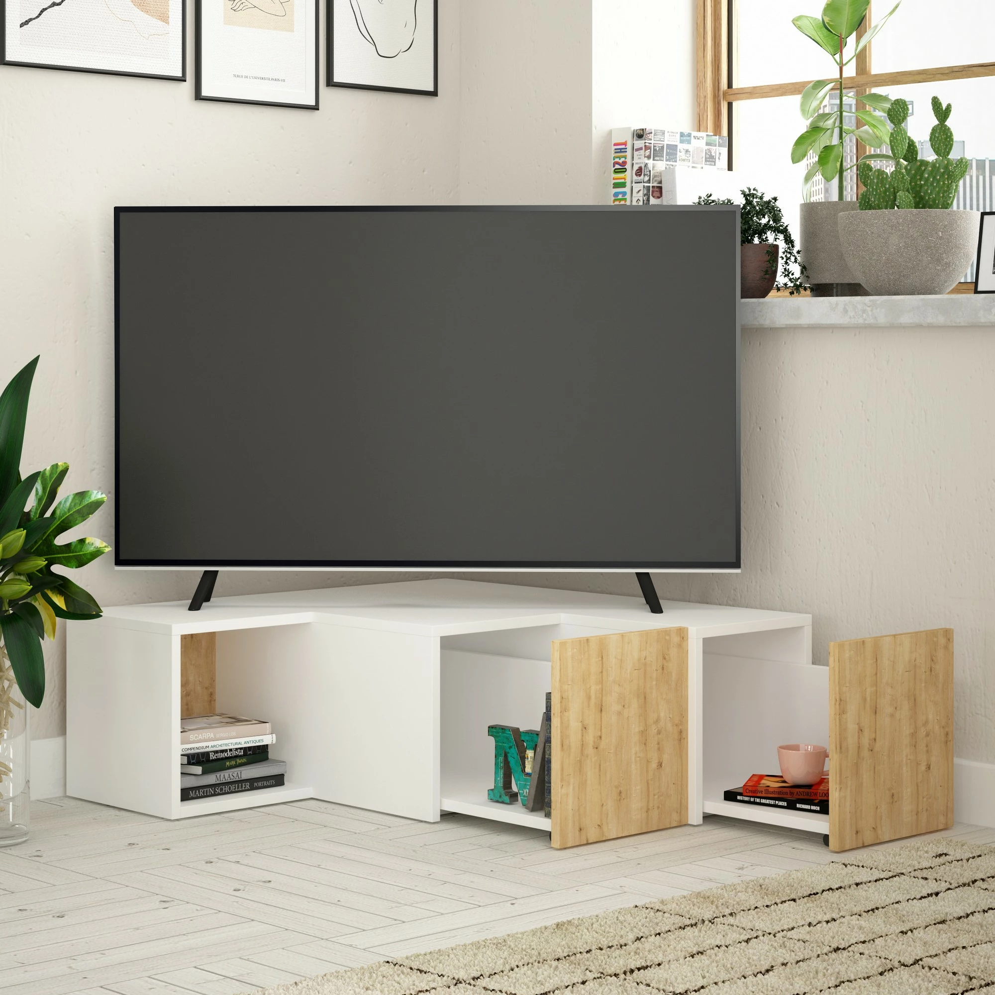 Komodë TV Skye Decor, kompakte, e bardhë dhe lis