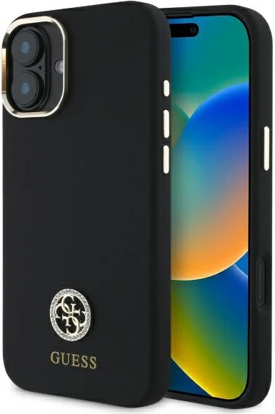 Mbështjellës Guess Silicone Logo Strass 4G për iPhone 16, i zi