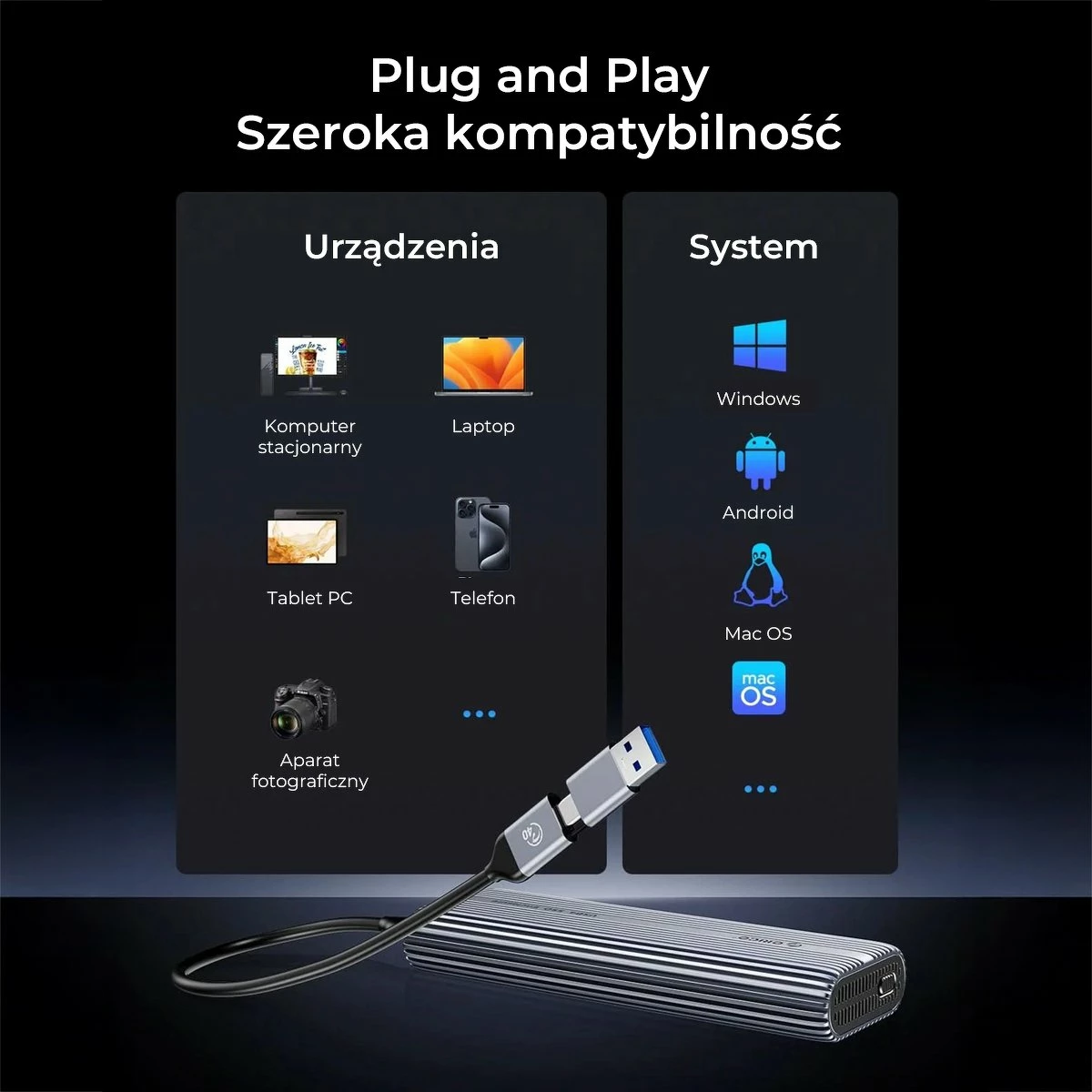 Kasë e jashtme për SSD M.2 NVMe Orico ACOM2-U4-GY-BP, USB-C 40Gbps, me ventilator, alumini, me kabllo C‑to‑C + adapter C‑to‑A, argjendtë
