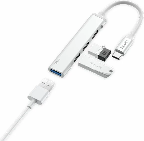 Hub USB-C HAVIT HB41 4-port (3x USB 2.0, 1x USB 3.0) alumini, argjendtë/bardhë