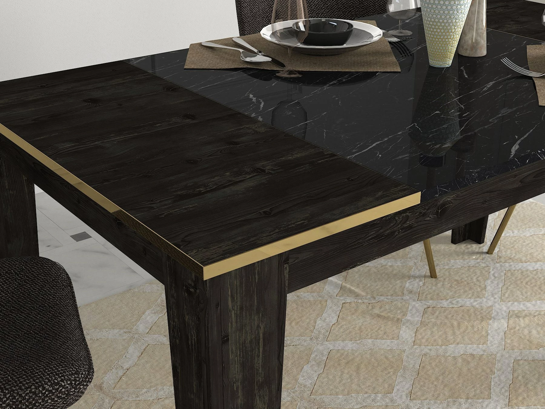 Set mobiljesh për dhomë dite, Skye Decor Veyron Set 3, ngjyrë e zezë dhe ari