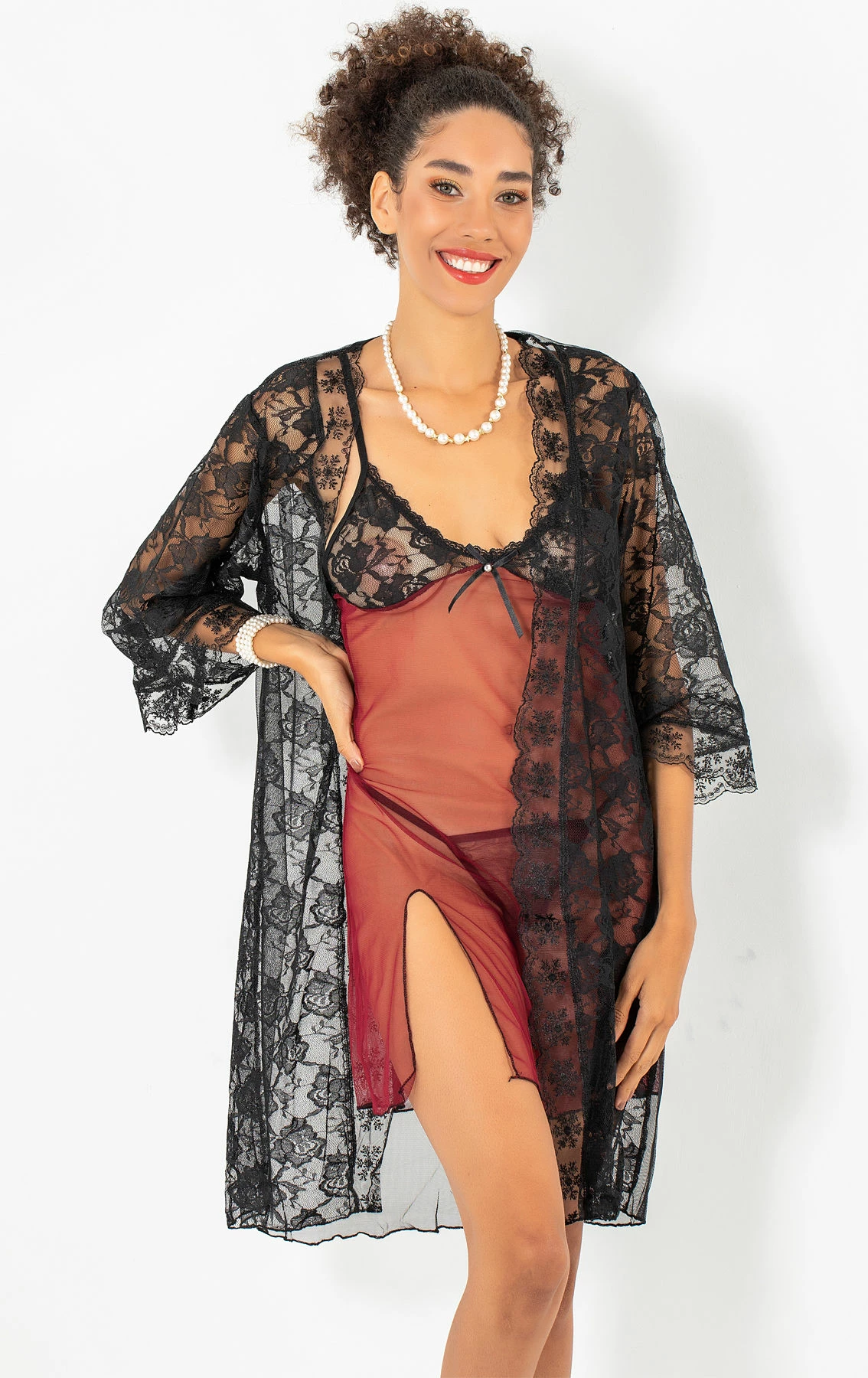 Set fustan nate me mëngjes, ngjyrë e kuqe Claret, Jumeon, 011-008004