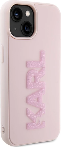 Mbështjellës Karl Lagerfeld 3D Rubber Glitter Logo për iPhone 15, Rozë