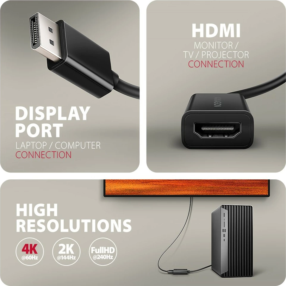 Adapter AXAGON RVD-HI20N DisplayPort në HDMI, 4K/60Hz, 15cm, i zi