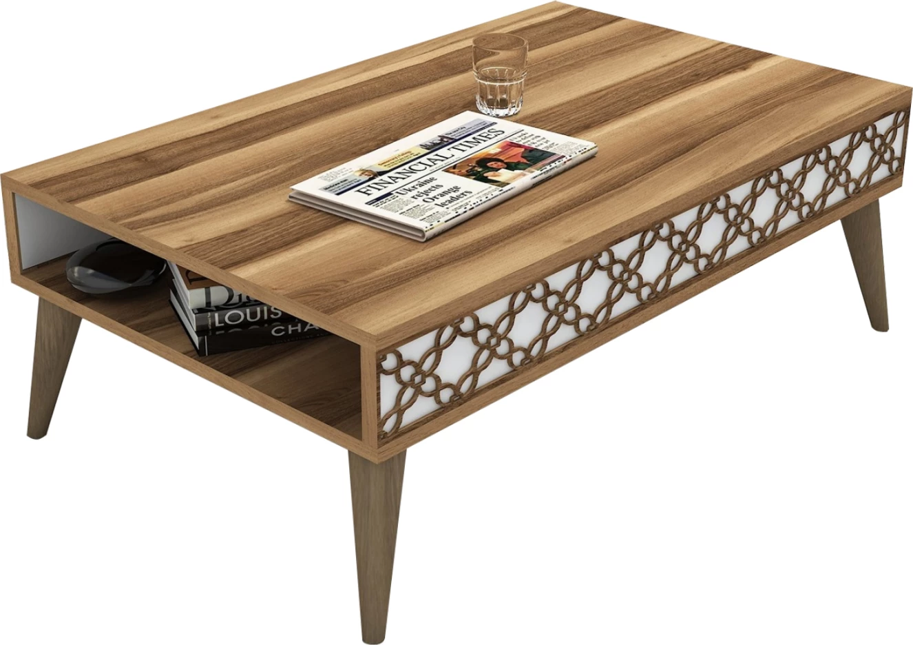 Tavolinë kafeje melamine, ngjyrë arre dhe anë të bardha, FH9499.04, 105x60x36.6H cm