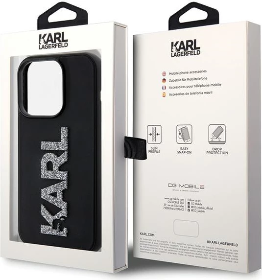 Mbështjellës Karl Lagerfeld 3D Rubber Glitter Logo për iPhone 15 Pro, i zi