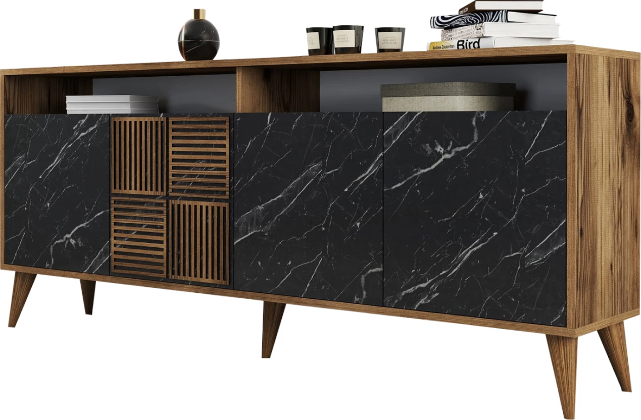 Bufe melamine FH9431.05 ngjyrë arre me dyer pamje mermeri të zi 180x35x78.6H cm