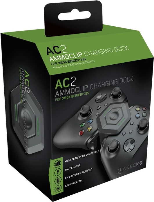 Stacion karikimi Gioteck AC-2 Ammo Clip për Xbox Series X|S, 2x bateri të rikarikueshme, USB-C, i zi