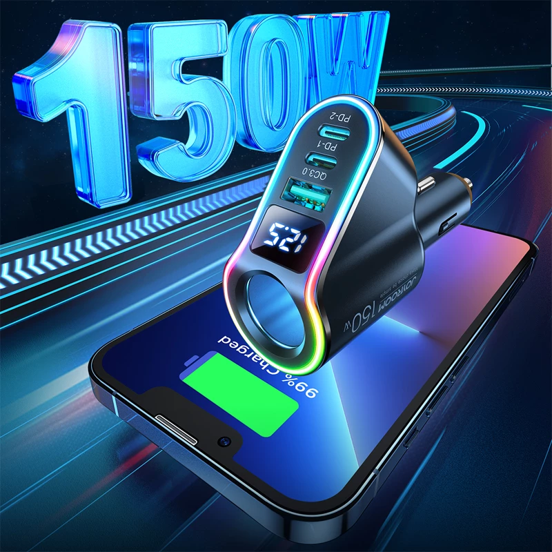 Karikues veture Joyroom JR-CL21, 150W, 3 porta (USB-A QC3.0, 2x USB-C PD3.0), LED, zi