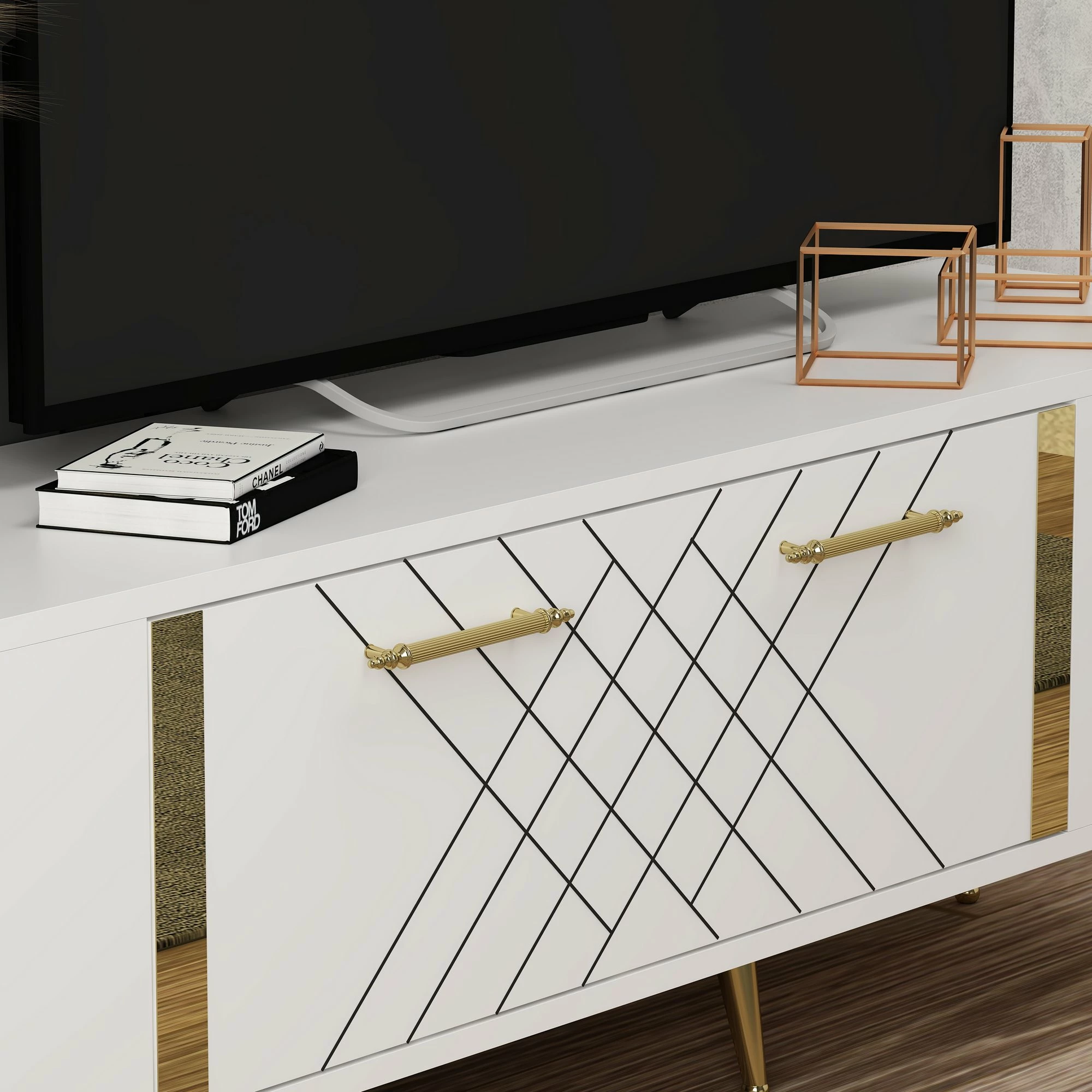 Komodë televizori, ngjyrë e bardhë dhe ari, Skye Decor, dizajn modern, 150x48.2x35cm