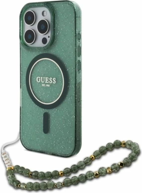 Kapak telefoni Guess IML Glitter me rrip perlash MagSafe për iPhone 16 Pro Max, i gjelbër