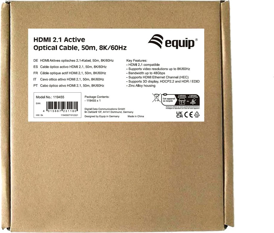Kabllo HDMI optike Equip 119455, 50m, 8K/60Hz, e zezë