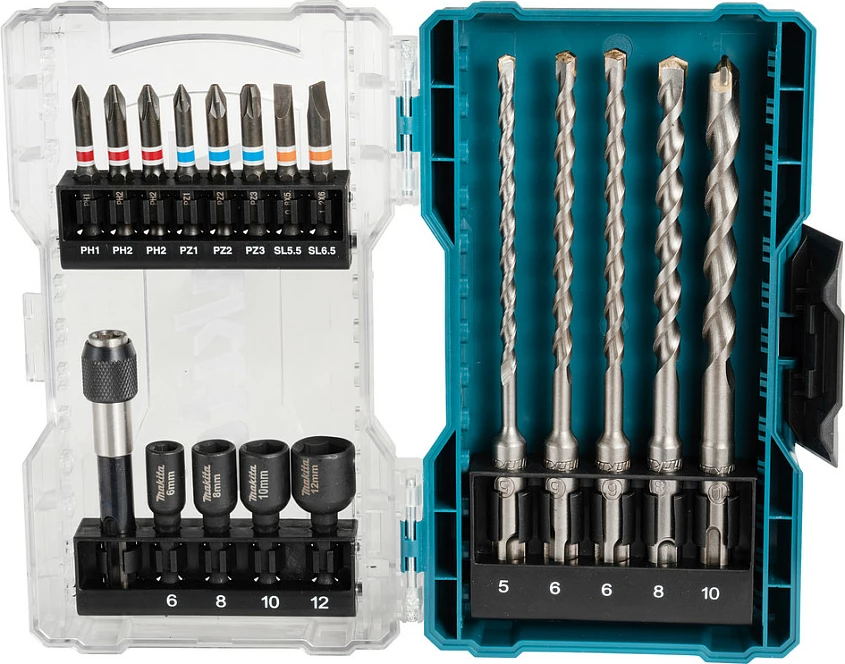 Set burgjish dhe bitash SDS Plus Makita, 18 copë, me kuti, jeshile/transparent
