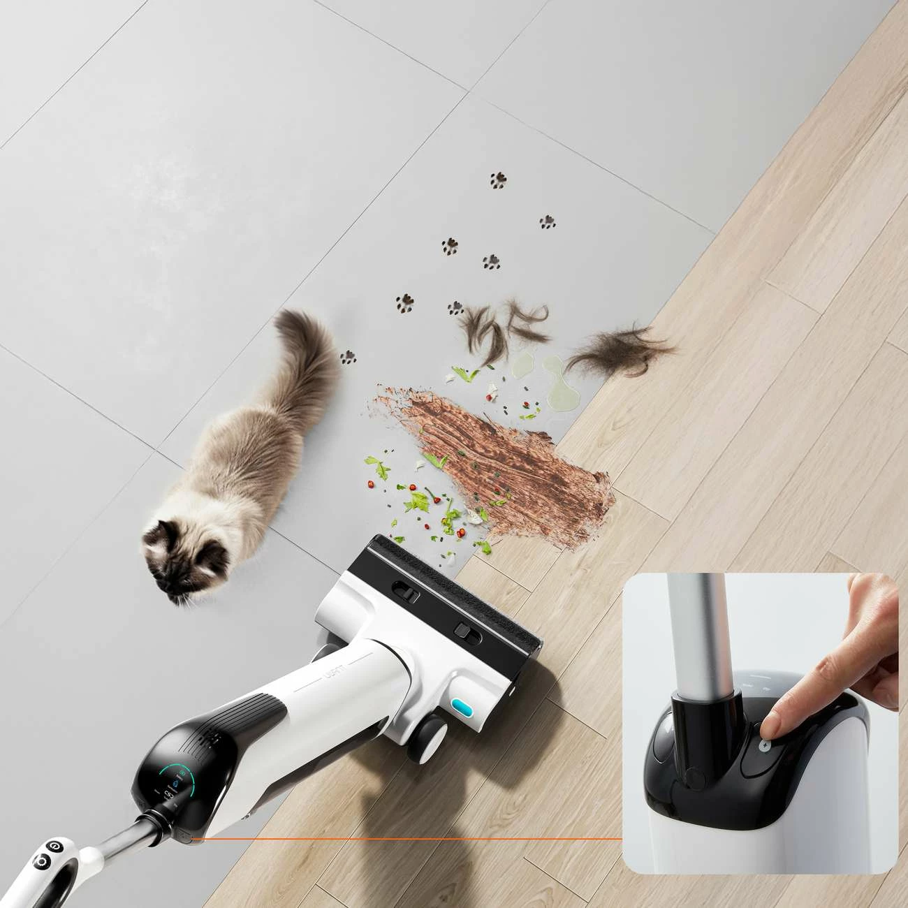 Fshesë elektrike vertikale UWANT D100 me larje, 17000Pa, 18000mAh, e bardhë me stacion karikimi/pastrimi