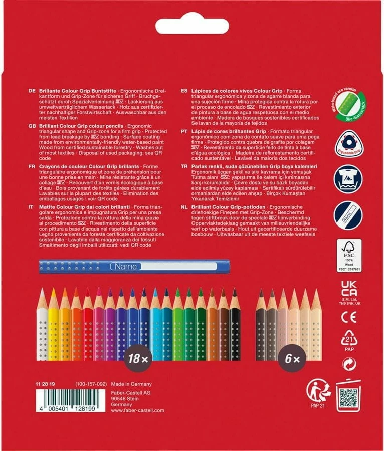Lapsa ngjyrosës Faber-Castell Colour Grip 18+6, 24 copë, shumëngjyrëshe