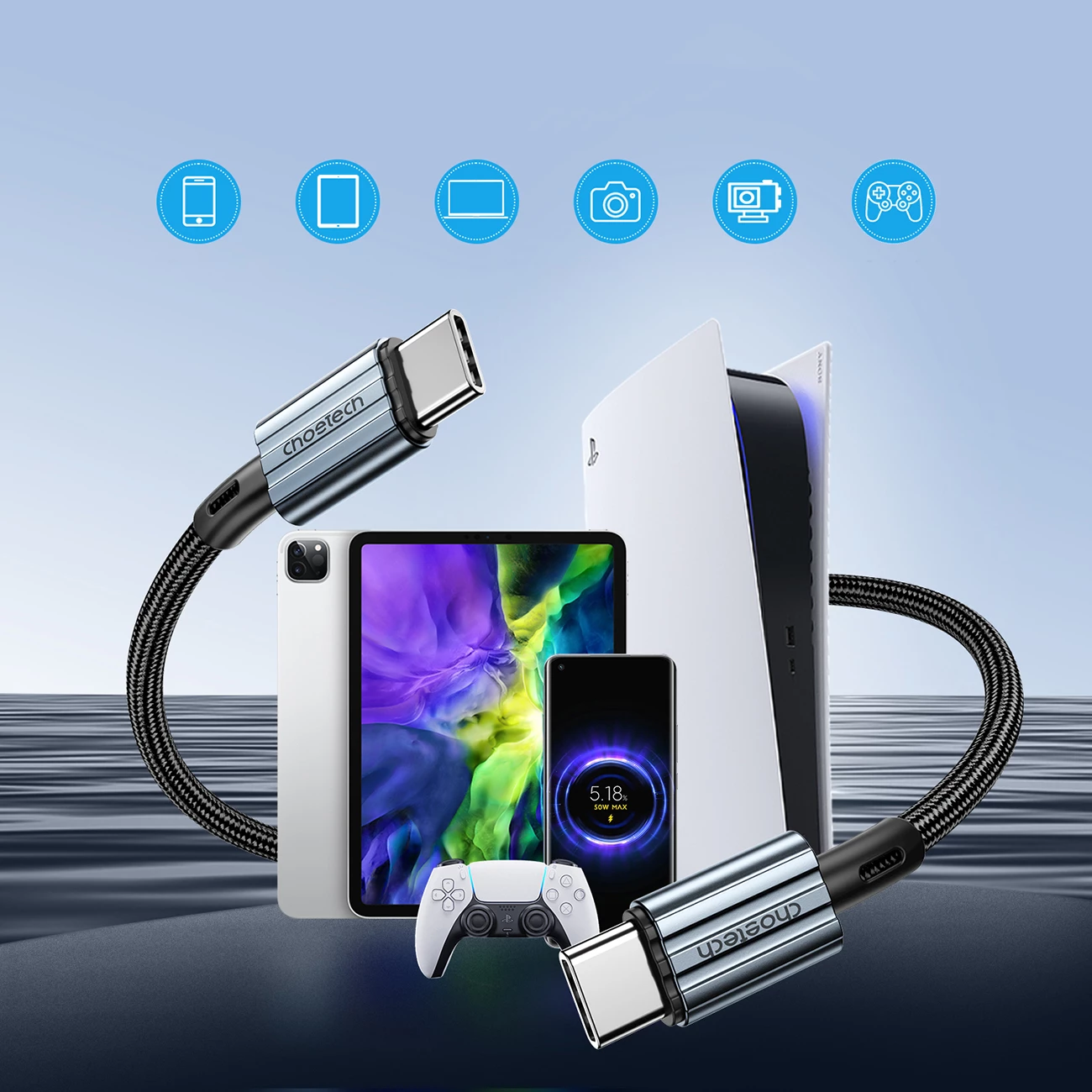 Kabllo USB-C në USB-C Choetech XCC-1014, 1.2m, 60W, Gri