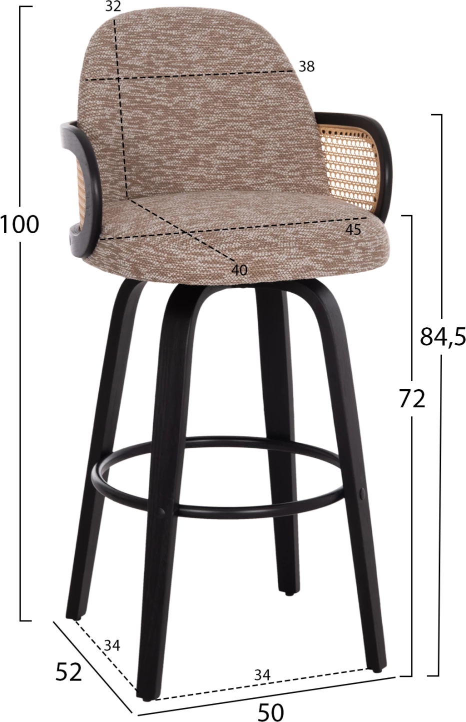 Karrige për bar rrotulluese BECKER, dru i zi, stof kafe, FH18251.03, 50x52x100cm, set prej 2 copë