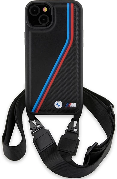 Mbështjellës BMW M Edition Carbon Tricolor Lines & Strap për iPhone 15 Plus / 14 Plus, i zi