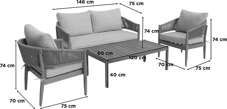 Set lounge për jashtë Lemanda, dru akacie, litar, jastëk bezhë