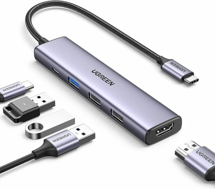 Adapter/hub USB-C UGREEN 15495 5n1, HDMI 4K@30Hz, USB-C PD 100W, 1x USB-A 3.0 5Gbps, 2x USB-A 2.0, gri metalik