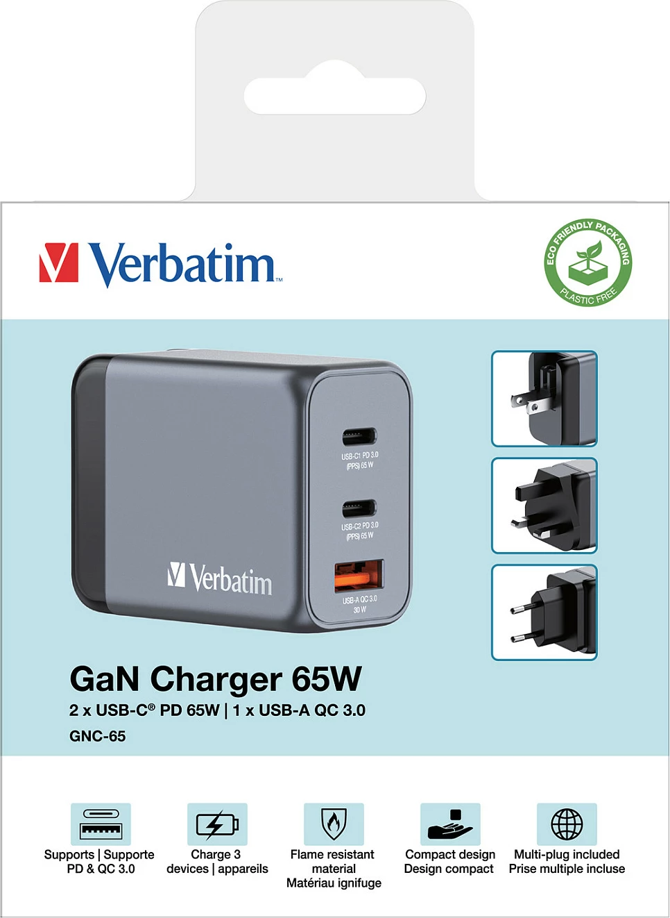 Karikues muri Verbatim GNC-65 GaN, 65W, 2x USB-C PD (PPS) + 1x USB-A QC 3.0, EU/UK/US, zi/gri