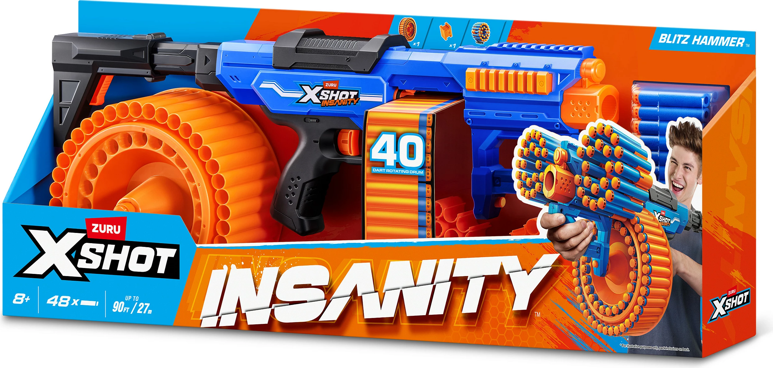 Lançues shigjetash me shkumë ZURU X-Shot Insanity Blitz Hammer, 48 shigjeta, blu/portokalli