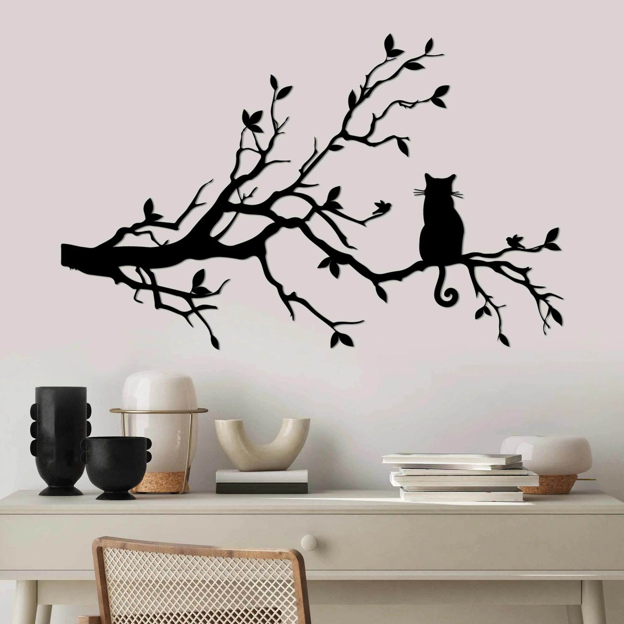 Aksesor dekorativ metalik për mur, mace, Wallity, Cat 12, ngjyrë e zezë, 80x50cm
