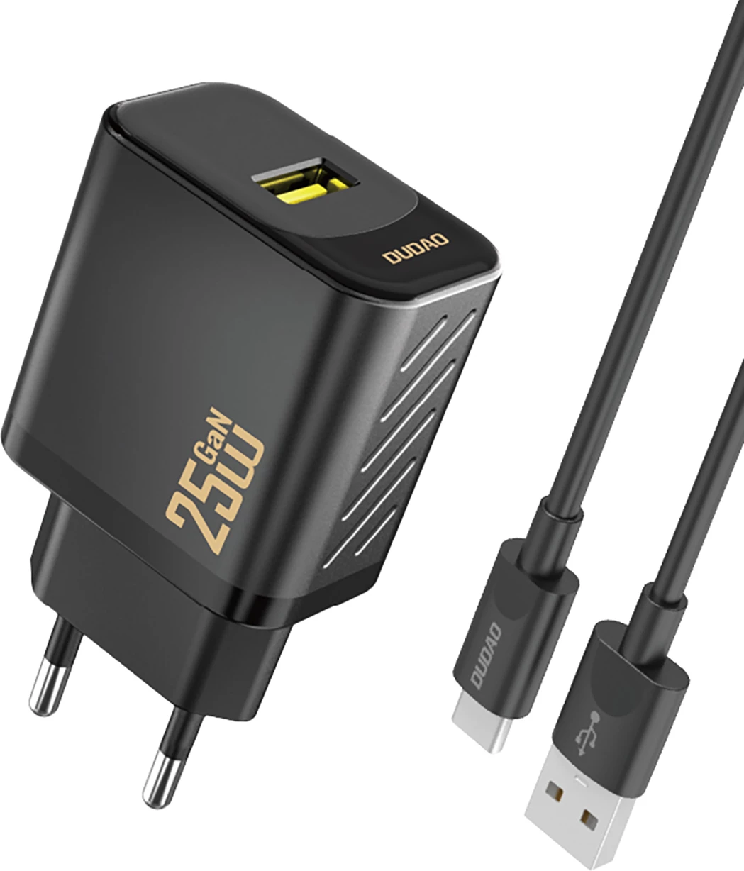 Karikues muror GaN, Dudao, A27STEU, 25W, portë USB-A, me kabllo USB-A në USB-C 1 m, prizë EU, i zi
