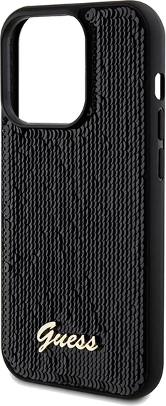 Mbështjellës Guess Sequin Script Metal për iPhone 14 Pro, i zi