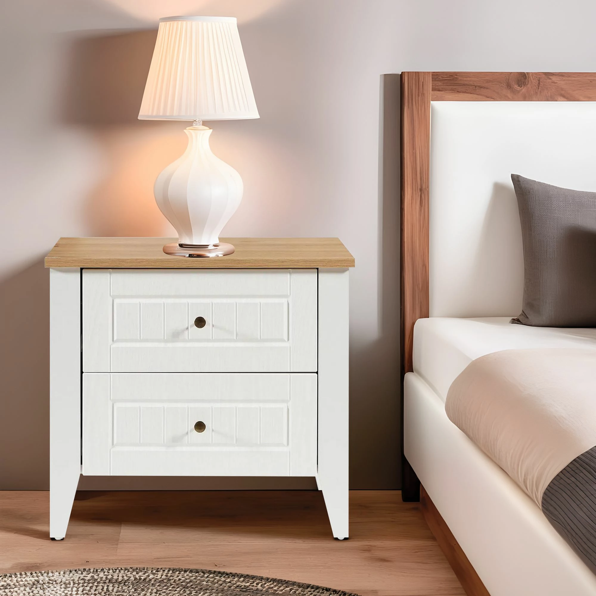 Komodinë nate Skye Decor, ngjyrë e bardhë dhe lis, Tuval 064