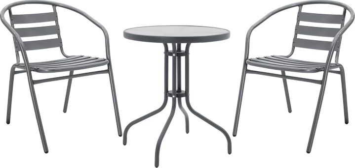 Tavolinë me karrige Watson-Tade set prej 3 pjesësh, metal-xham, Φ60x70cm