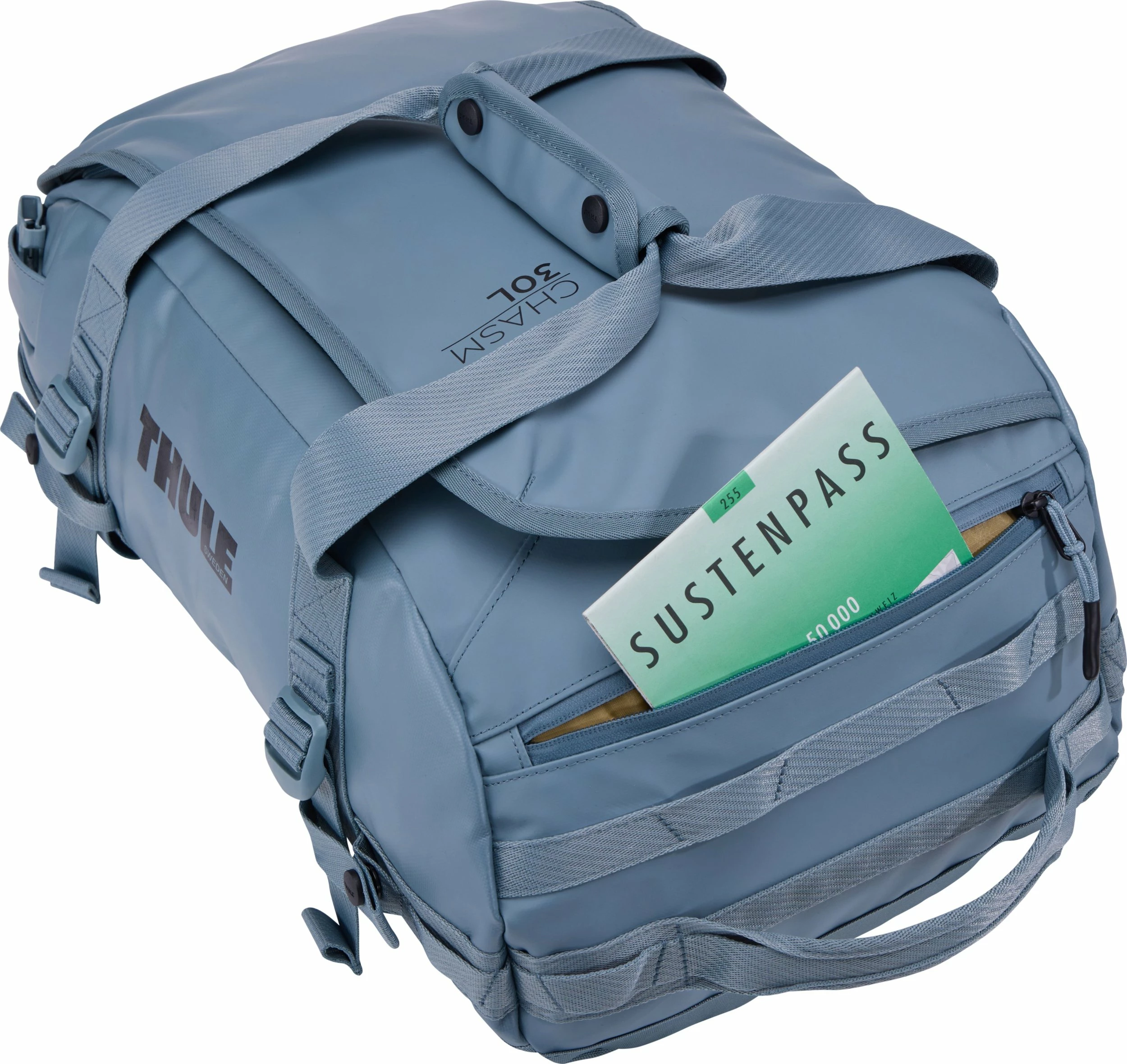 Çantë udhëtimi/duffel Thule Chasm 30L, 2-në-1 duffel + backpack, waterproof, poliester i ricikluar, Pond Gray