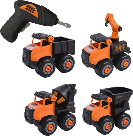Set lodrash kamionë ndërtimi Black&Decker STT014-S4-BD, 53 pjesë, 4 automjete + kaçavidë me bateri, 3+, portokalli/zi, set 4 copë