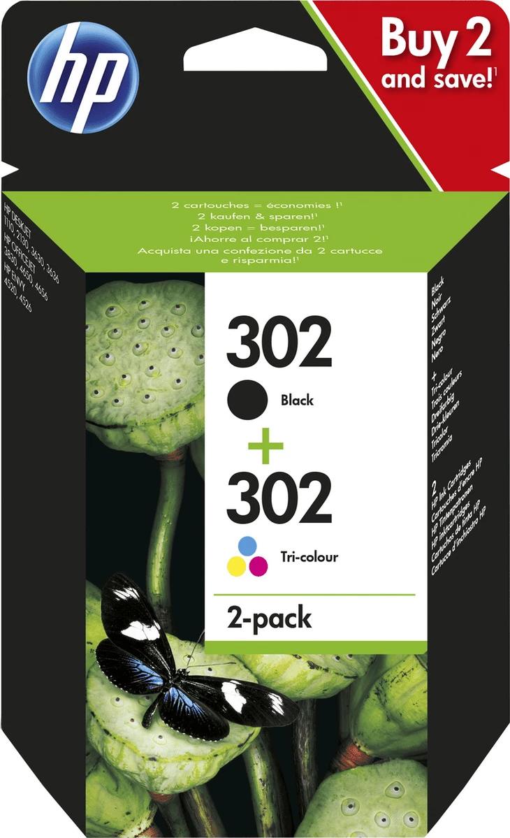 Fishekë boje printeri, HP, 302 X4D37AE, multipack 2-pack, zi + trengjyrësh (cian, magenta, verdhë)