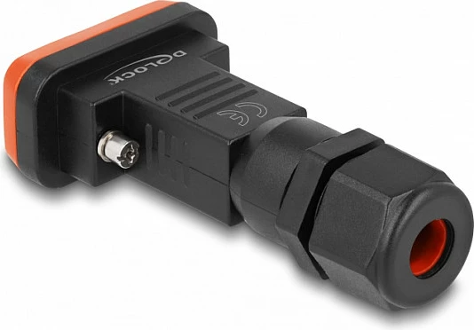 Konektor D-Sub 9-pin femër DeLOCK, IP67, për saldim, i drejtë, zi/portokalli