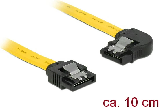 Kabllo SATA DeLOCK 83957, 10 cm, SATA 7-pin, 6 Gb/s, straight në njërën anë, këndore majtas në tjetrën, zezë/verdhë