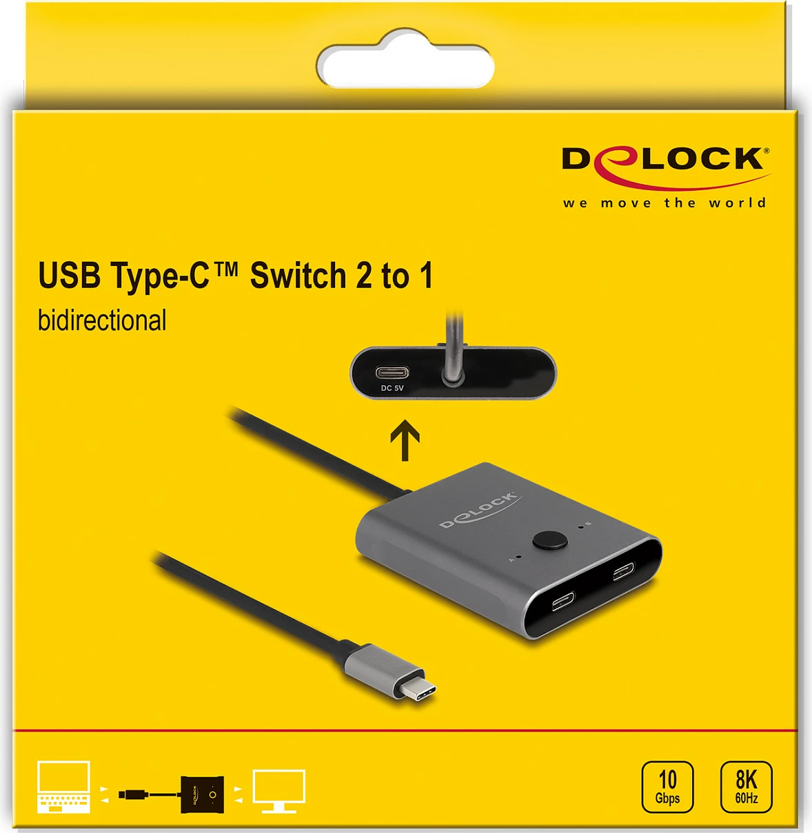 Switch USB-C DeLOCK 11500, 10Gbps, 8K/144Hz, USB PD 100W, 0.5 m, Gri