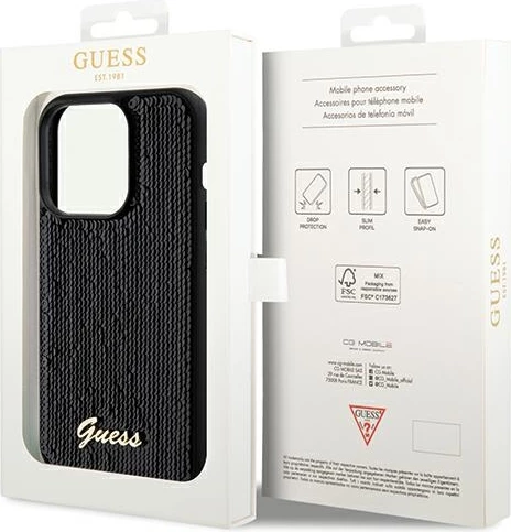 Mbështjellës Guess Sequin Script Metal për iPhone 14 Pro, i zi