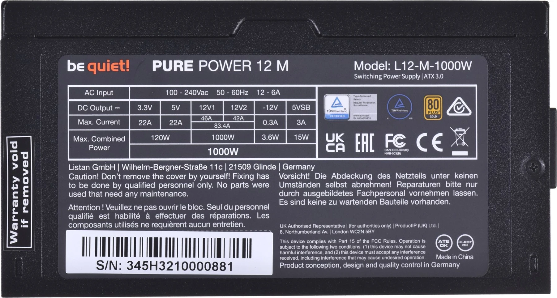 Furnizues i energjisë be quiet! Pure Power 12 M 1000 W ATX i zi