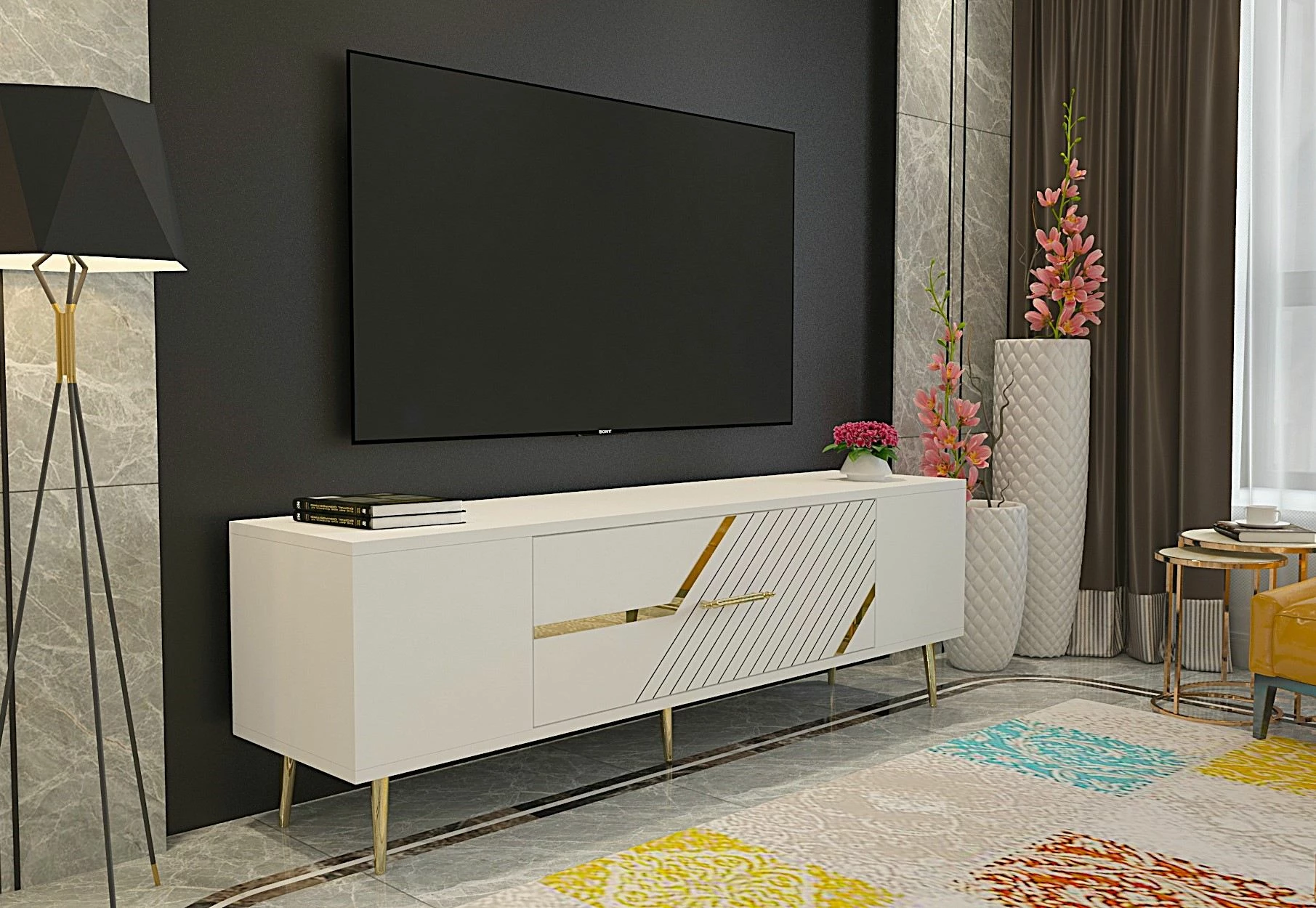 Komodë TV, e bardhë, e artë, Skye Decor, Dekolp5