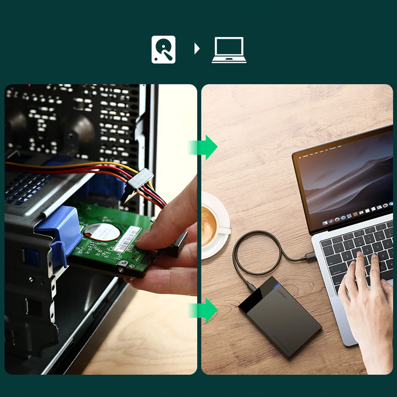 Kasë Ugreen US221 për disk SATA 2.5'' deri 6TB, USB-C 3.0, e zezë