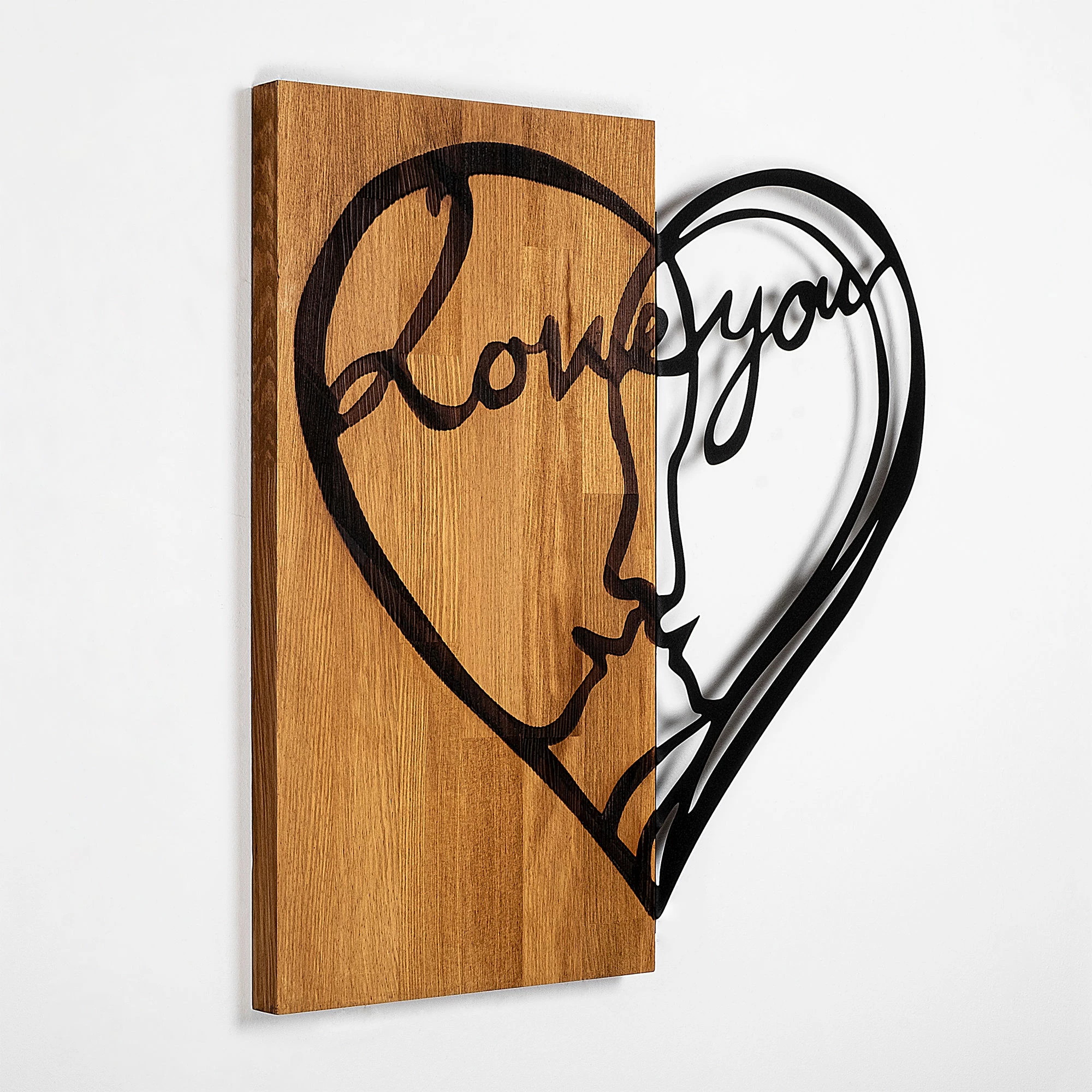 Aksesor dekorativ për mur, dru dhe metal, Wallity, I Love You, ngjyrë arre dhe e zezë, 54x58cm