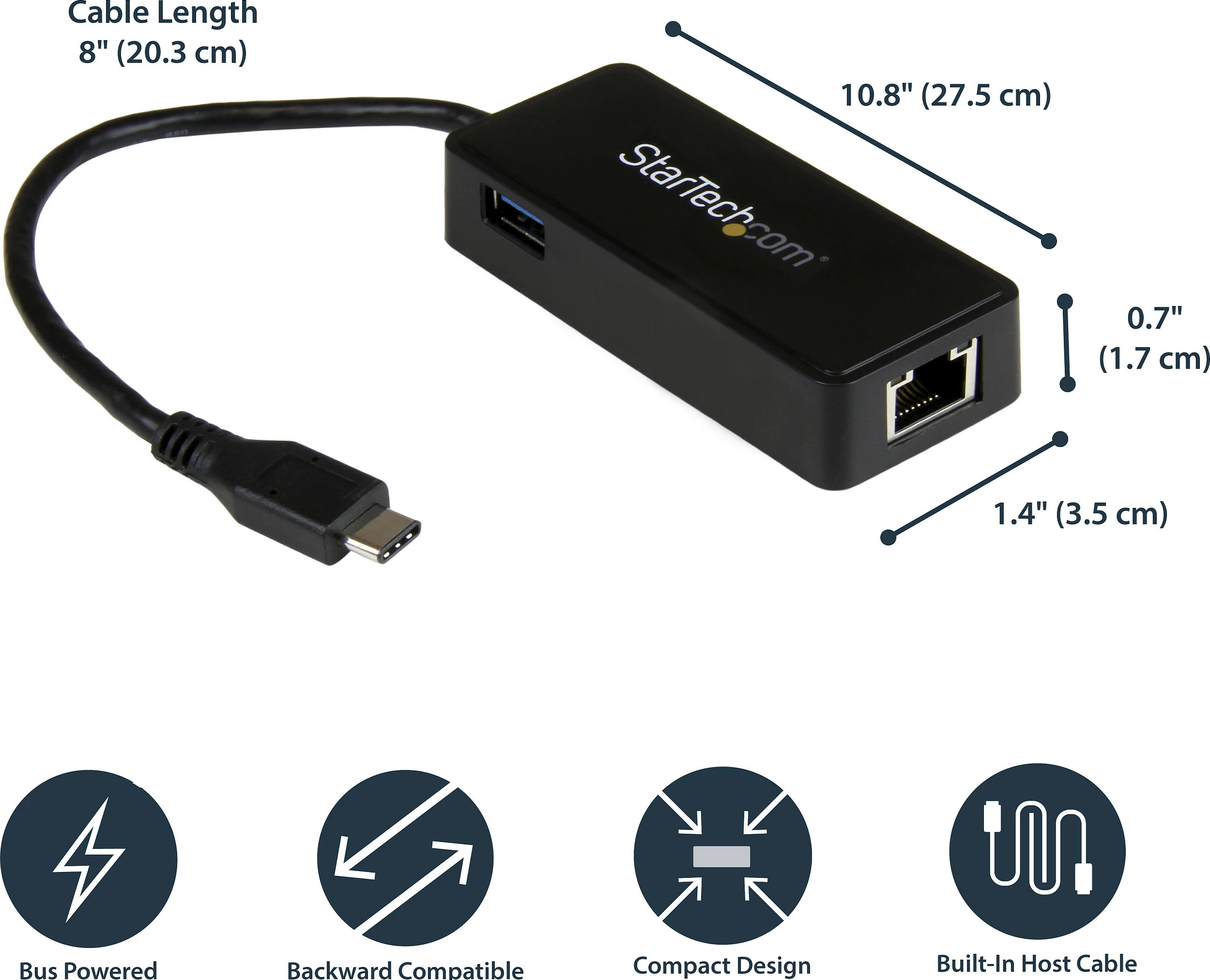 Adapter rrjeti USB-C StarTech, Gigabit RJ-45, me port USB-A, USB 3.1 Gen 1, i zi