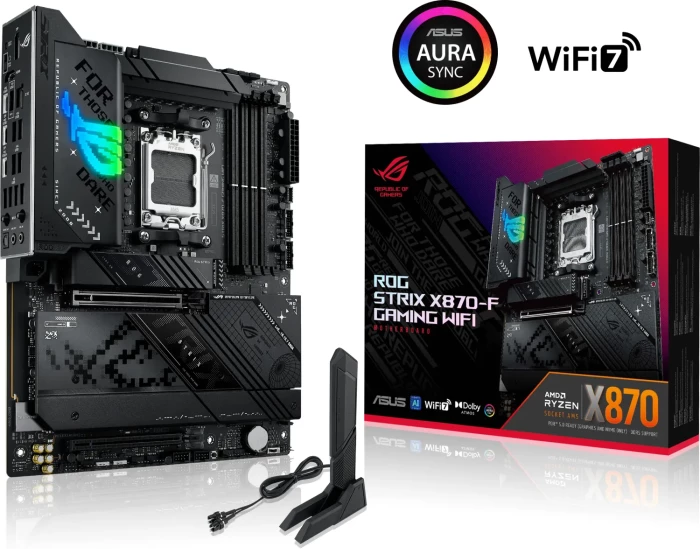 Pllakë amë ASUS ROG STRIX X870-F Gaming WiFi, AMD X870, AM5, ATX, DDR5, USB4, 2.5GbE, Wi‑Fi 7, e zezë, me antenë WiFi