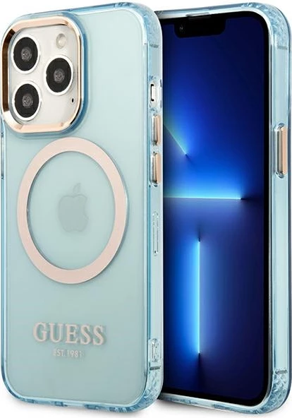 Mbështjellës Guess Gold Outline Translucent MagSafe për iPhone 13 Pro / iPhone 13, Blu