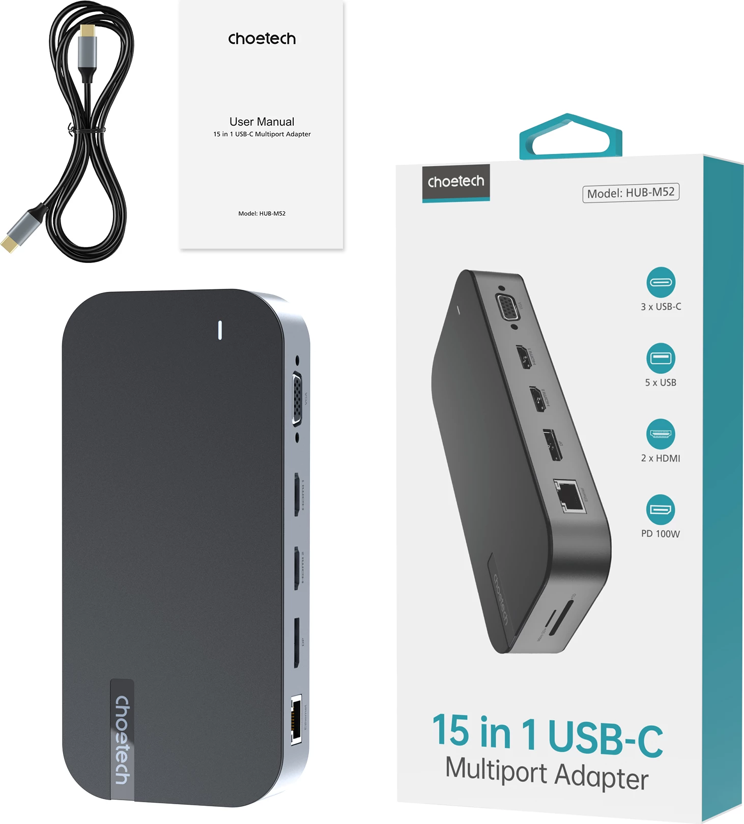 Kasë Choetech HUB-M52, USB-C, HDMI, VGA, DP, SD, RJ45, Gri