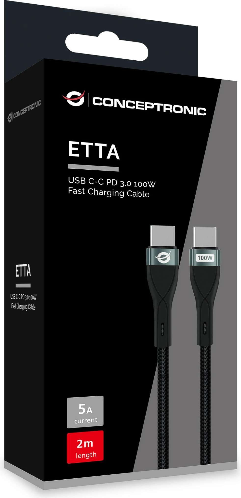 Kabel USB-C Conceptronic USB 2.0 Type-C në Type-C, 100W QC, 2m, i zi