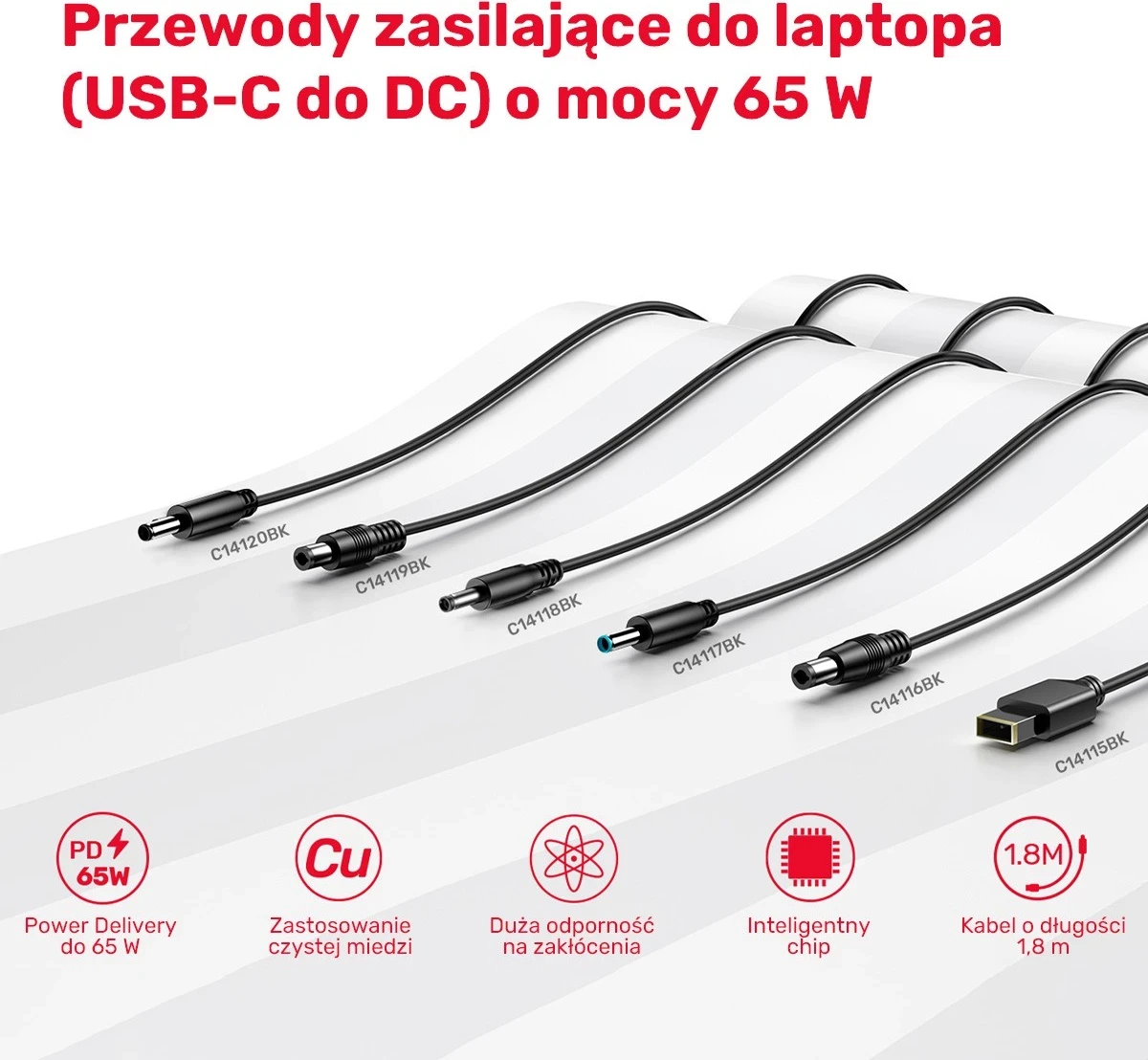 Kablli i Energjisë për Lenovo Unitek, 65W USB-C - DC4,0mm, ngjyrë e zezë