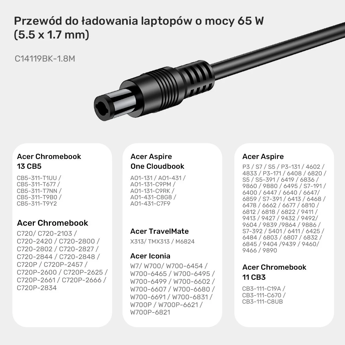 Kabllo furnizimi për laptop Acer Unitek, 65W USB-C - DC5,5, ngjyrë e zezë